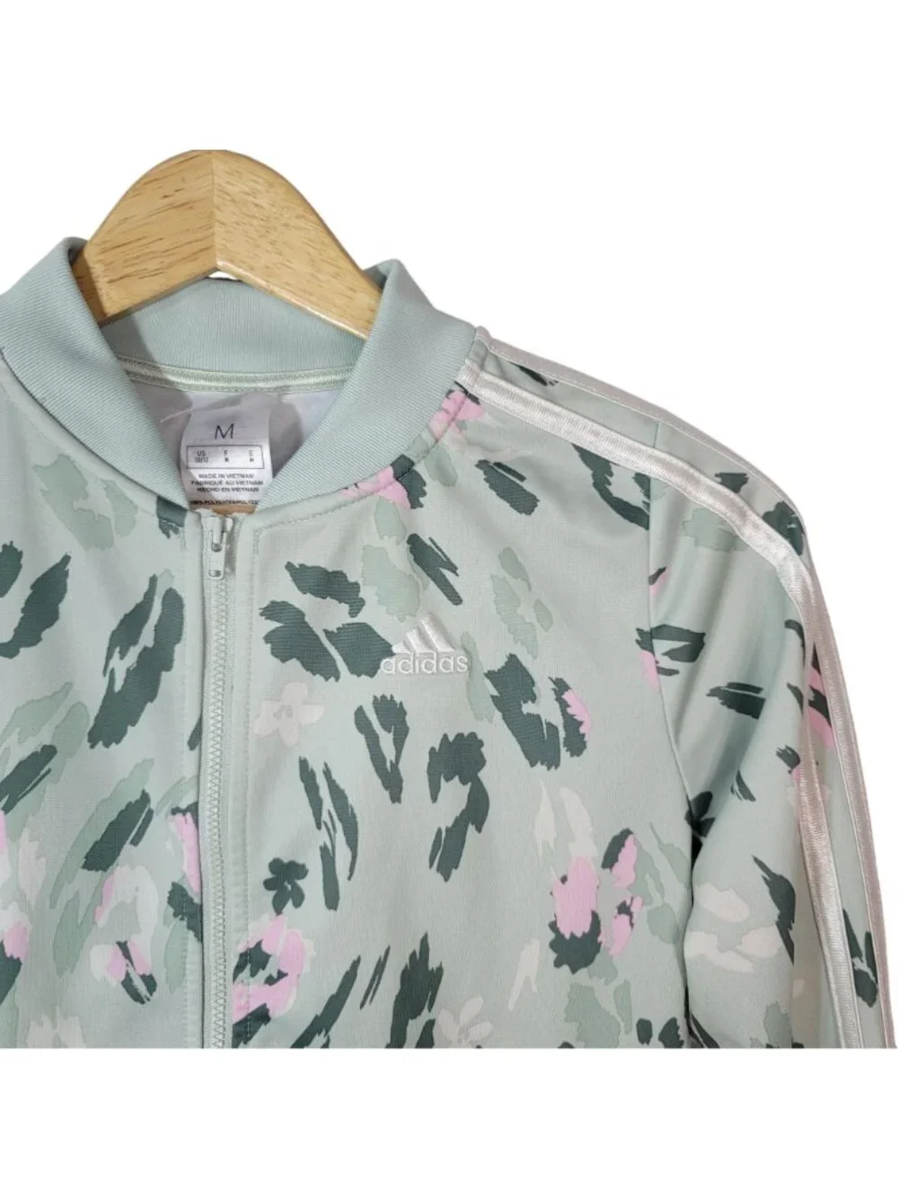 Adidas Girls Floral Track Jacket Green Medium Lightweight Ribbed Tricot Full Zip